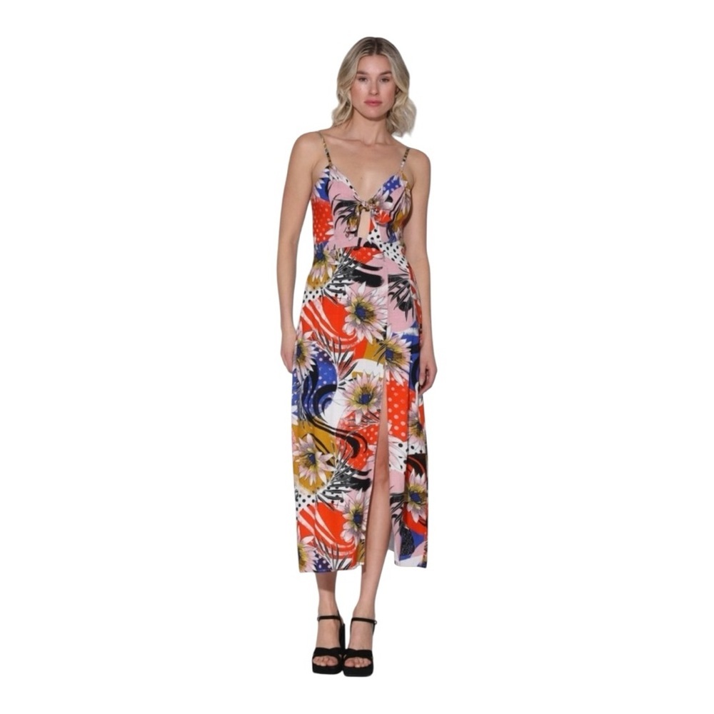 Walter Baker Natasha‎ Floral Midi Dress Smocked Slit Self-Tie SIZE 12